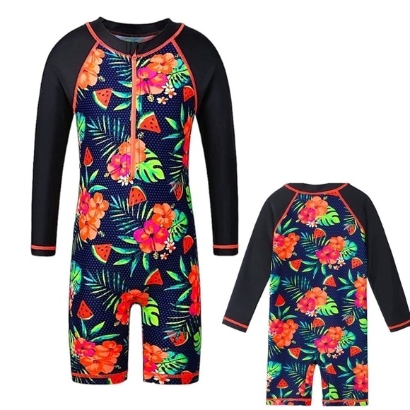 ZYNUNE One Piece Rashguard Swimsuit UV + UPF 50+ Floral/Black Girls Size 10 NWT - Picture 1 of 10